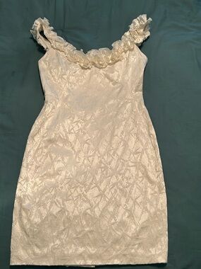 Maggy London Cream Bamboo Embossed Floral-Trim Jacquard Off-The-Shoulder Dress
